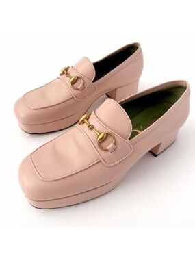 GUCCI || Houdan Blush Leather Horsebit Loafer Pumps Block Heel EU 40.5